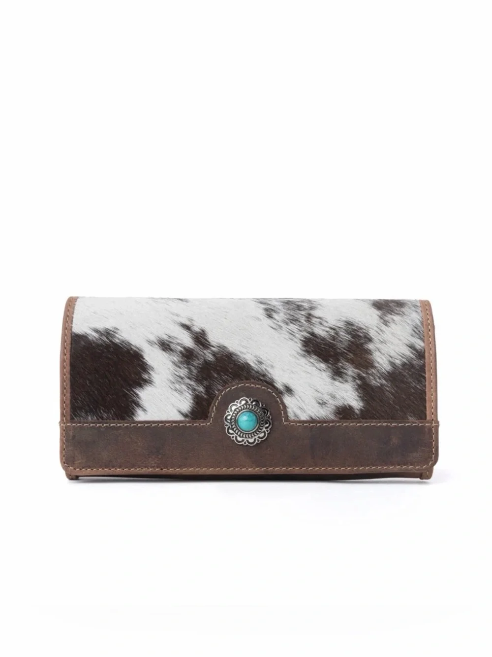 Western WalletCowhide Leather Wallet with Turquoise Accent - Brown/White